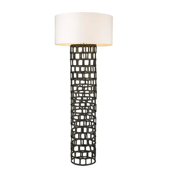 The Vallin floor lamp combines contemporary styling with functional design, featuring a striking black gold steel frame and oversized 25-inch drum shade. Its impressive 64.5-inch height creates dramatic visual impact while providing ample illumination. - alternate view