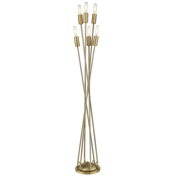 The Perret floor lamp makes a bold statement with six adjustable lights in a warm aged brass finish. At 60 inches tall, it provides versatile ambient and task lighting with inline dimming control for any setting. - alternate view