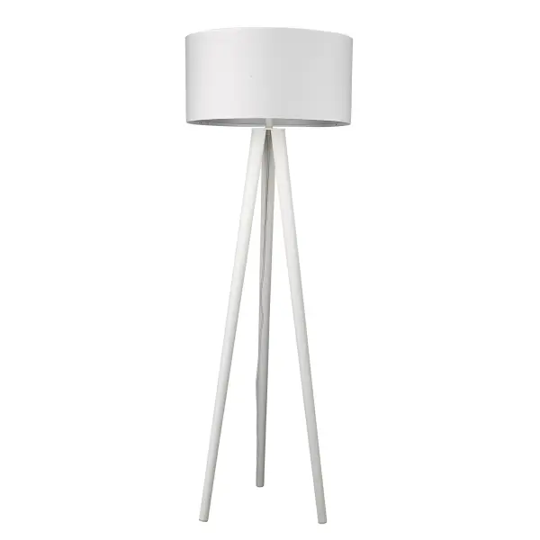 The Tourer floor lamp combines clean white iron construction with a generous 24-inch drum shade, creating a striking statement piece that provides ample ambient lighting for modern spaces.