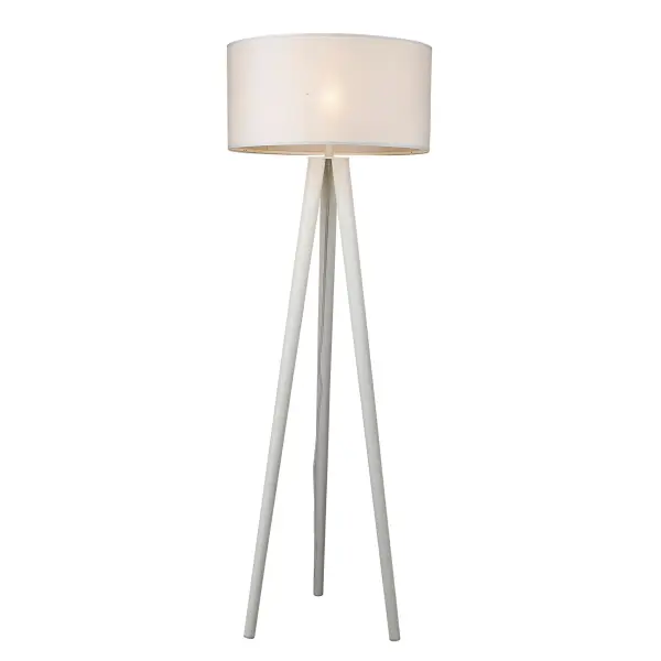 The Tourer floor lamp combines clean white iron construction with a generous 24-inch drum shade, creating a striking statement piece that provides ample ambient lighting for modern spaces. - alternate view