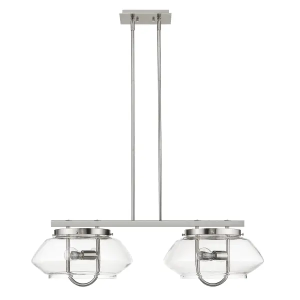 The Garner 4-Light Island Pendant combines clean lines with industrial-inspired clear glass drum shades in a sophisticated satin nickel finish. Its 38-inch linear design provides excellent task lighting over islands and dining tables.
