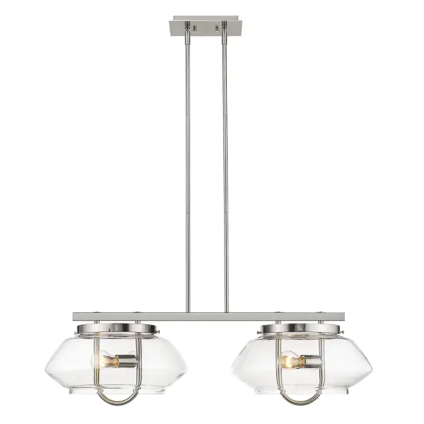 The Garner 4-Light Island Pendant combines clean lines with industrial-inspired clear glass drum shades in a sophisticated satin nickel finish. Its 38-inch linear design provides excellent task lighting over islands and dining tables. - alternate view