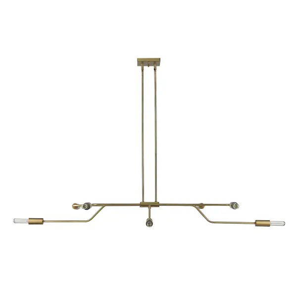The Perret 8-Light Convertible Pendant combines aged brass warmth with clean geometric lines. Its 28-inch linear design and adjustable height make it versatile for dining rooms and kitchen islands.