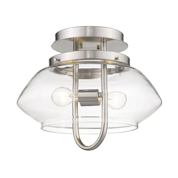 The Garner 2-light semi-flush mount offers a sleek, transitional design perfect for spaces with lower ceilings. Its clear glass drum shade and satin nickel finish provide timeless appeal in compact rooms. - alternate view
