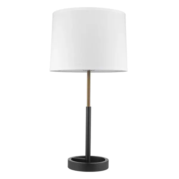 The Rotunda table lamp combines matte black steel with hand-painted antique gold detailing and a tapered linen shade. At 31" tall, it makes a bold statement while the 3-way rotary switch offers lighting flexibility.