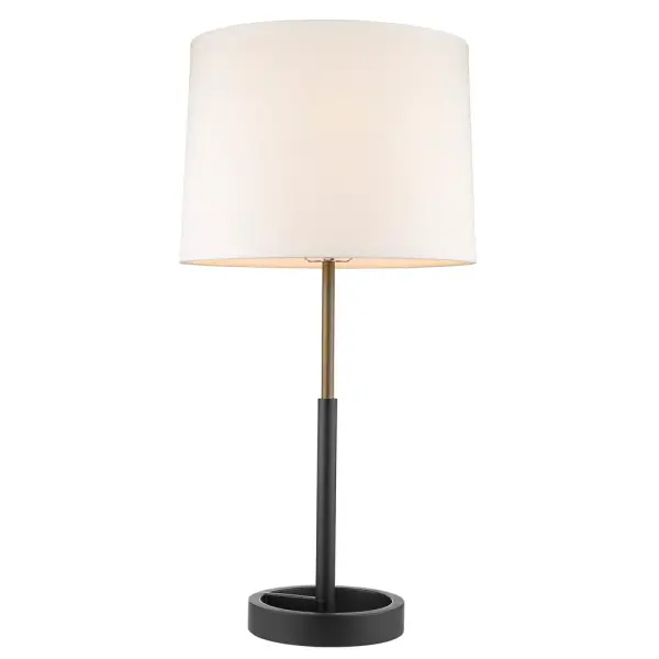 The Rotunda table lamp combines matte black steel with hand-painted antique gold detailing and a tapered linen shade. At 31" tall, it makes a bold statement while the 3-way rotary switch offers lighting flexibility. - alternate view