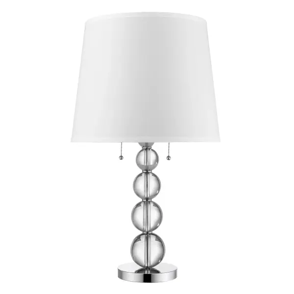 The Palla table lamp combines polished chrome steel with sparkling crystal accents and a crisp white linen shade. At 29 inches tall, it provides substantial presence while the tapered shade softens the look for versatile placement.