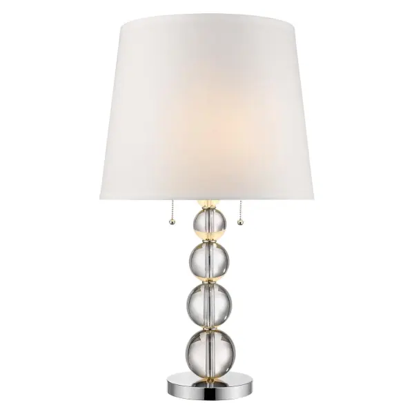 The Palla table lamp combines polished chrome steel with sparkling crystal accents and a crisp white linen shade. At 29 inches tall, it provides substantial presence while the tapered shade softens the look for versatile placement. - alternate view