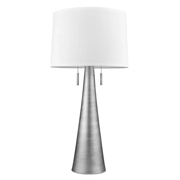 The Muse table lamp combines classic form with a sophisticated weathered pewter finish and off-white fabric shade. At 33.5" tall, it provides substantial presence and ambient lighting for living spaces, bedrooms, or offices.