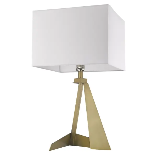 The Stratos table lamp combines classic elegance with contemporary sensibility. Its aged brass steel base and white linen shade create a sophisticated look that works in traditional and modern settings alike.