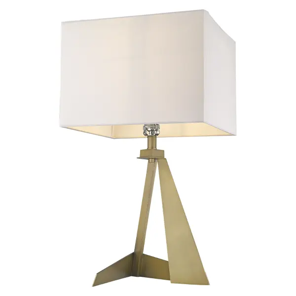 The Stratos table lamp combines classic elegance with contemporary sensibility. Its aged brass steel base and white linen shade create a sophisticated look that works in traditional and modern settings alike. - alternate view