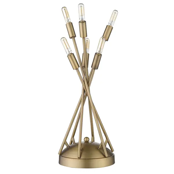 The Perret 6-Light Table Lamp combines industrial charm with transitional elegance. Its aged brass finish and six candelabra bulbs create ambient lighting perfect for living spaces, bedrooms, or offices.