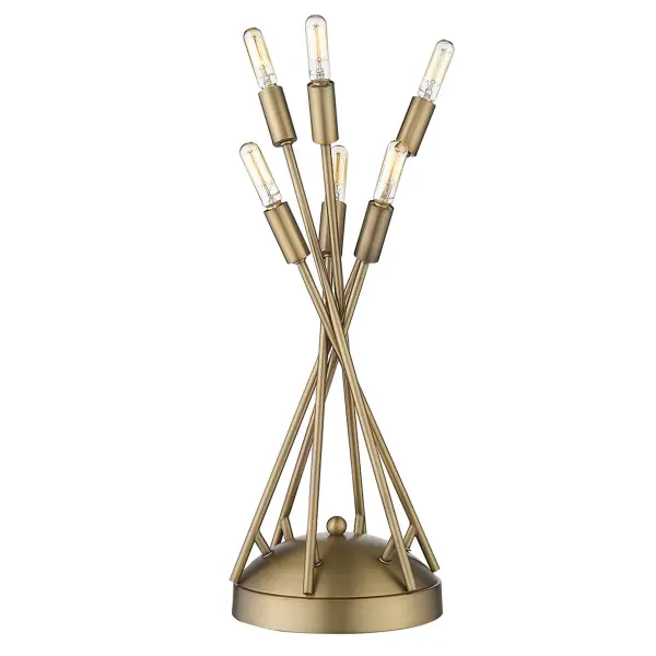 The Perret 6-Light Table Lamp combines industrial charm with transitional elegance. Its aged brass finish and six candelabra bulbs create ambient lighting perfect for living spaces, bedrooms, or offices. - alternate view