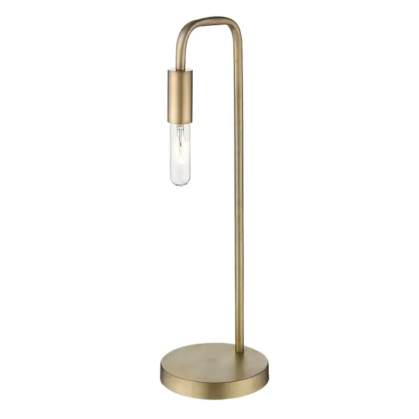 The Perret table lamp combines transitional styling with practical functionality. Its aged brass finish and steel construction deliver durability and timeless appeal, while the hi/low/off switch provides flexible lighting control. - alternate view