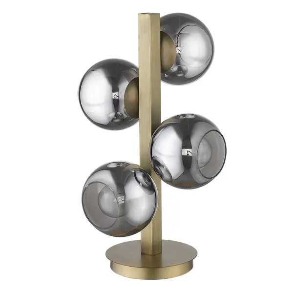 The Lunette 4-Light Table Lamp combines contemporary design with warm aged brass and smoky glass globes. At 24" tall, it provides substantial illumination with hi/low dimming control, perfect for living spaces and offices.
