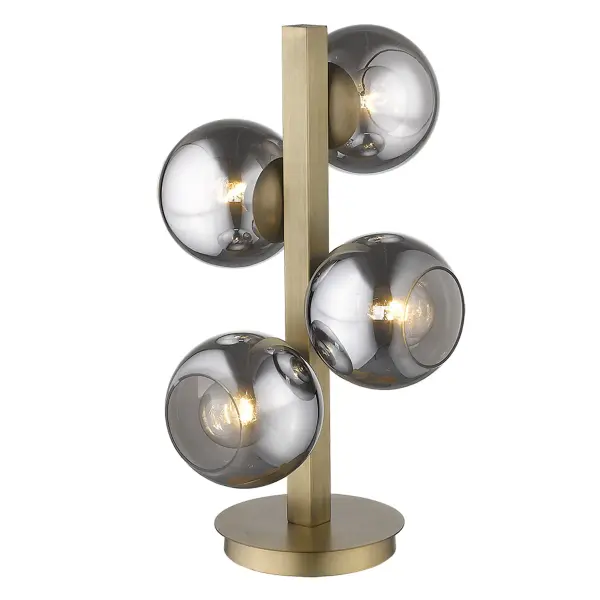 The Lunette 4-Light Table Lamp combines contemporary design with warm aged brass and smoky glass globes. At 24" tall, it provides substantial illumination with hi/low dimming control, perfect for living spaces and offices. - alternate view