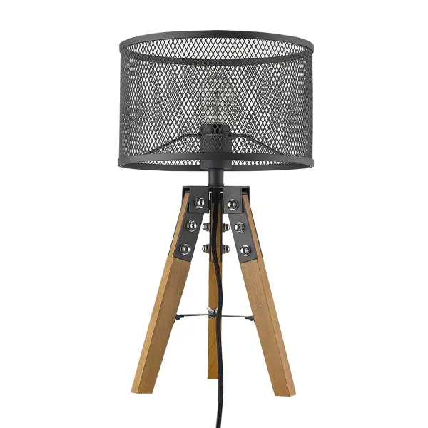 The Capprice table lamp combines a warm wood base with an industrial black iron mesh drum shade, creating a modern yet approachable aesthetic. At 20 inches tall, it provides excellent task lighting while making a style statement.