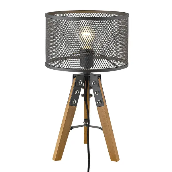 The Capprice table lamp combines a warm wood base with an industrial black iron mesh drum shade, creating a modern yet approachable aesthetic. At 20 inches tall, it provides excellent task lighting while making a style statement. - alternate view