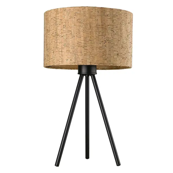 The Lisbon table lamp combines industrial-inspired matte black iron construction with an organic cork drum shade, creating a sophisticated blend of modern and natural aesthetics perfect for contemporary interiors.