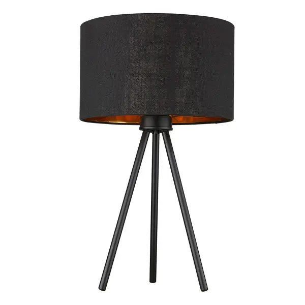 The Morenci table lamp combines matte black iron construction with a sophisticated black fabric drum shade featuring a warm copper interior. At 21.75" tall, it provides ambient lighting with industrial style.
