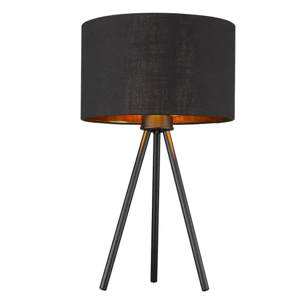 The Morenci table lamp combines matte black iron construction with a sophisticated black fabric drum shade featuring a warm copper interior. At 21.75" tall, it provides ambient lighting with industrial style. - alternate view