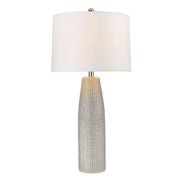 This 32.75" tall table lamp combines a polished nickel ceramic base with a seasalt linen tapered drum shade, creating a sophisticated transitional look. The 3-way rotary switch offers versatile lighting control. - alternate view