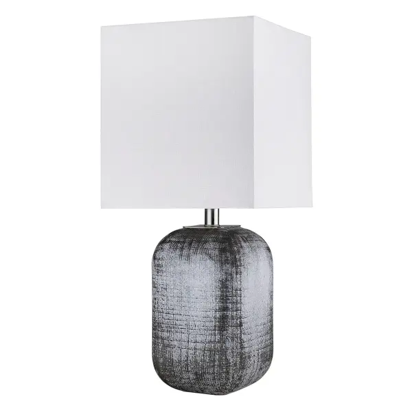 This versatile table lamp combines a sophisticated glass and polished nickel base with a neutral seasalt rectangular shade. At 24.75 inches tall, it provides excellent task and ambient lighting with 3-way dimming control.