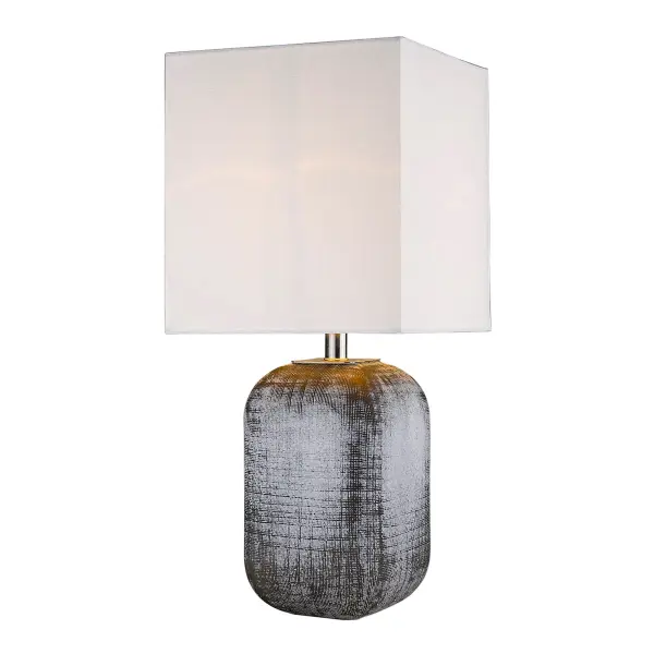 This versatile table lamp combines a sophisticated glass and polished nickel base with a neutral seasalt rectangular shade. At 24.75 inches tall, it provides excellent task and ambient lighting with 3-way dimming control. - alternate view