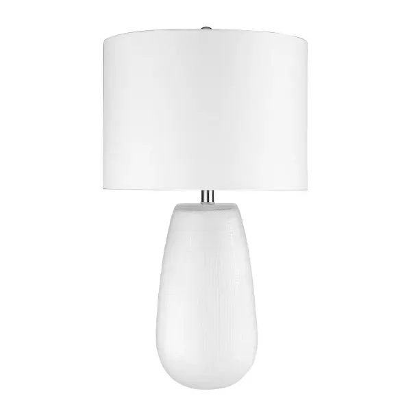 This 28-inch table lamp features a white glass base with a seasalt linen drum shade, offering versatile coastal style. The 3-way rotary switch provides flexible lighting control, while the neutral palette complements various decor schemes.