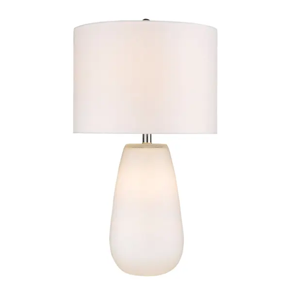 This 28-inch table lamp features a white glass base with a seasalt linen drum shade, offering versatile coastal style. The 3-way rotary switch provides flexible lighting control, while the neutral palette complements various decor schemes. - alternate view