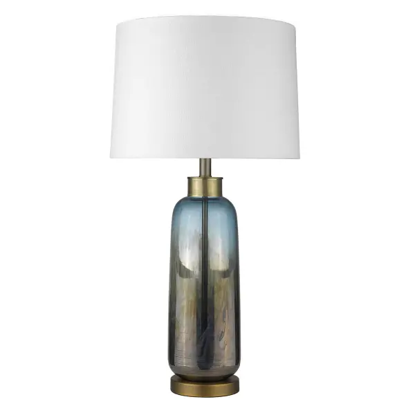 This 31-inch tall table lamp combines a sophisticated brass and glass base with a neutral seasalt linen drum shade, offering versatile transitional style. The 3-way rotary switch provides flexible lighting control.