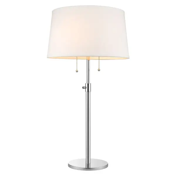 The Urban Basic 2-Light Table Lamp combines contemporary style with practical adjustability. Its polished chrome finish and off-white linen shade create a clean, sophisticated look that complements various decor styles. - alternate view