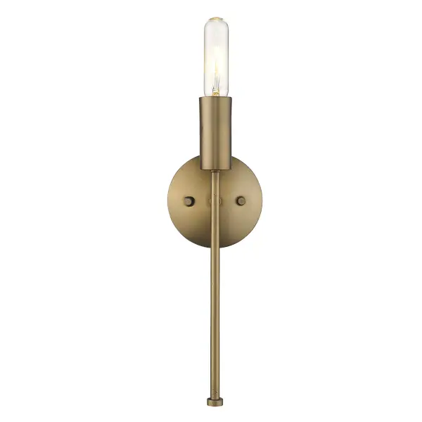 The Perret 1-Light Sconce combines warm aged brass with clean steel construction in a compact 15-inch profile. Its transitional design bridges traditional warmth and modern simplicity, making it versatile for bathrooms, hallways, and accent lighting. - alternate view