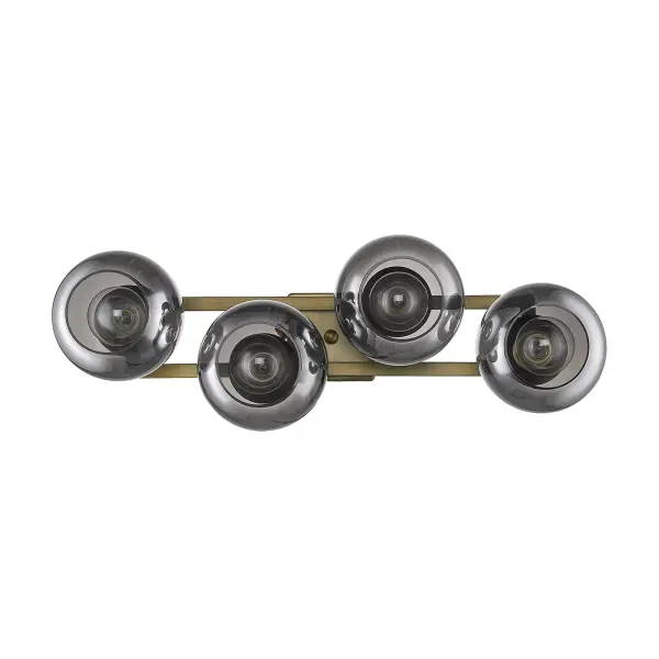 The Lunette 4-Light Sconce combines aged brass metalwork with smoked glass globes for a refined, contemporary look. At nearly 30 inches wide, it makes a bold statement perfect for vanities, hallways, or accent walls.