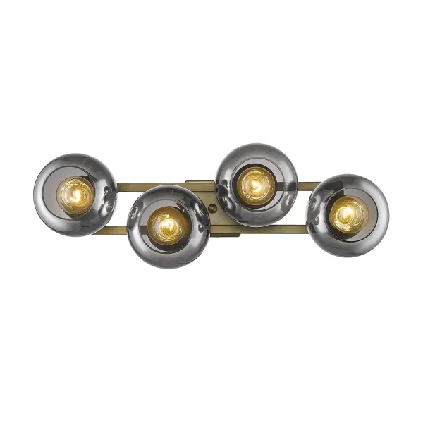The Lunette 4-Light Sconce combines aged brass metalwork with smoked glass globes for a refined, contemporary look. At nearly 30 inches wide, it makes a bold statement perfect for vanities, hallways, or accent walls. - alternate view