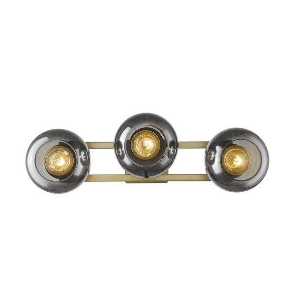The Lunette sconce combines aged brass metalwork with three smoked glass globes for a refined, contemporary look. At 26 inches wide, it makes a bold statement perfect for vanities or accent walls. - alternate view