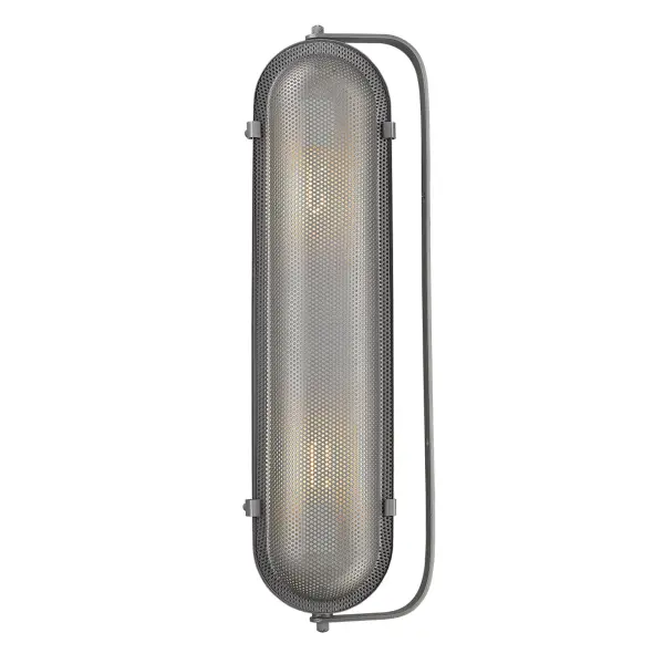 The Terra 2-Light Sconce combines industrial style with practical functionality. Its 29.5-inch width makes it ideal for double vanities or as a statement piece. The gray iron finish and plug-in design offer versatile installation. - alternate view