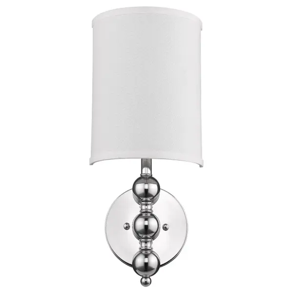 The St. Clare wall sconce combines timeless design with contemporary finishes. Its polished chrome frame and white linen shade create a sophisticated look perfect for bathrooms and hallways. Compact at 19" high, it delivers elegant lighting without overwhelming smaller spaces. - alternate view