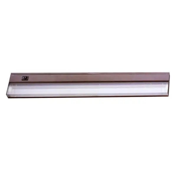 This 21-inch fluorescent under cabinet light delivers practical illumination for countertops and work surfaces. The bronze steel construction with non-yellowing acrylic lens provides durable, even lighting.