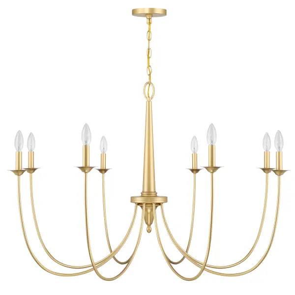 The Stonecrest chandelier combines rustic charm with glamorous presence through its dramatically curving arms and textured French Gold finish. At 42 inches wide, it commands attention while maintaining elegant simplicity. - alternate view