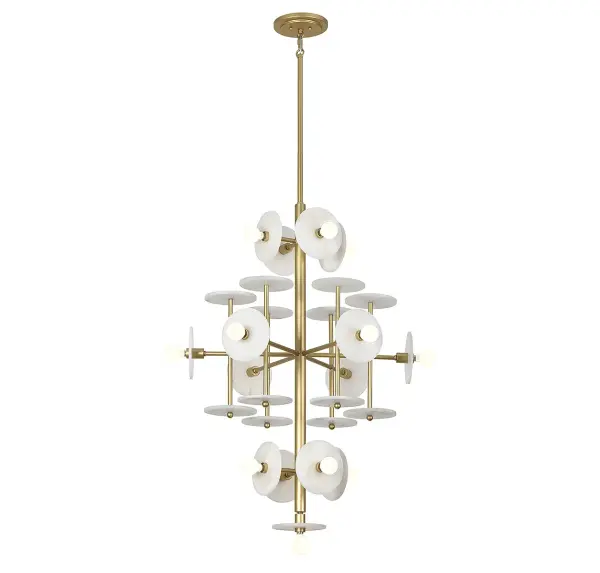 The Amani chandelier makes a bold impression with 15 lights framed by natural alabaster stone discs. The royal gold finish adds warmth and sophistication, perfect for grand dining rooms and entryways seeking dramatic elegance.