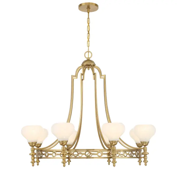 The Allston chandelier delivers dramatic vintage charm with Art Deco-inspired arms, turned bobeche detailing, and swirled white strie glass shades. At 36 inches wide, it commands attention in dining rooms and foyers while the warm brass finish adds timeless sophistication.