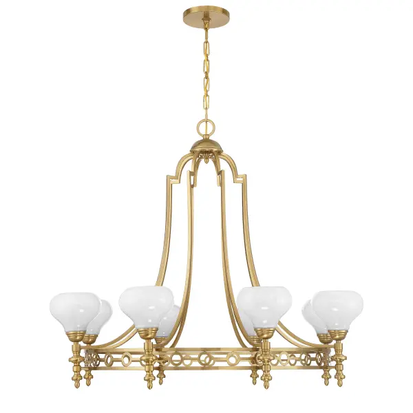The Allston chandelier delivers dramatic vintage charm with Art Deco-inspired arms, turned bobeche detailing, and swirled white strie glass shades. At 36 inches wide, it commands attention in dining rooms and foyers while the warm brass finish adds timeless sophistication. - alternate view