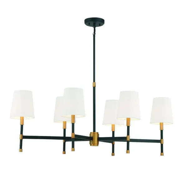The Brody combines timeless elegance with modern functionality. Its matte black finish with warm brass accents creates visual interest, while white fabric shades provide soft, diffused light perfect for dining and living spaces.