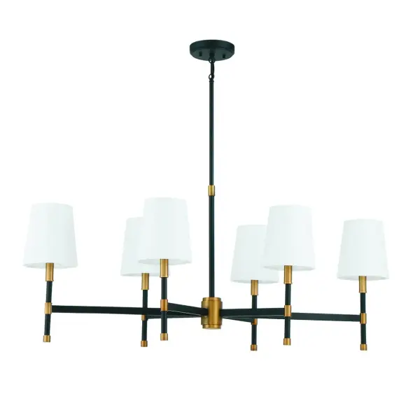 The Brody combines timeless elegance with modern functionality. Its matte black finish with warm brass accents creates visual interest, while white fabric shades provide soft, diffused light perfect for dining and living spaces. - alternate view