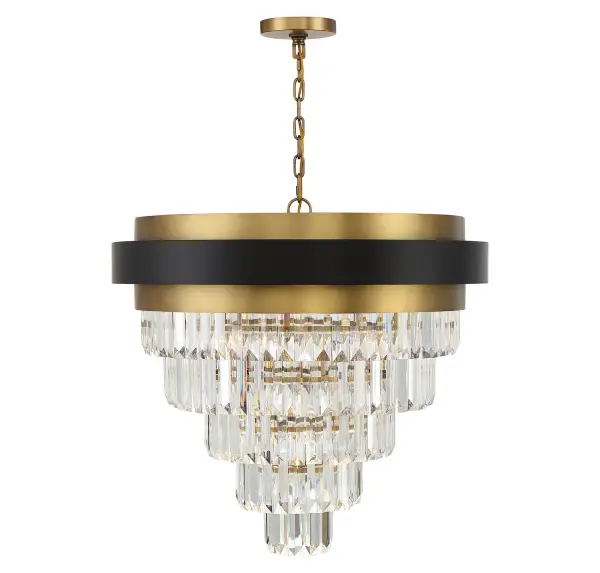 The Marquise chandelier delivers jewelry-like elegance with tiers of faceted acrylic gems cascading from a matte black and warm brass frame. Its substantial 30-inch width and 9-light configuration make it a stunning focal point for dining rooms and entryways.