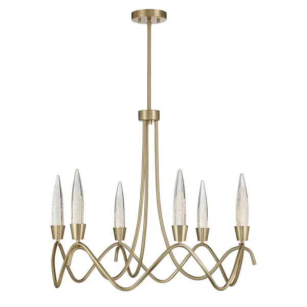 The Sofia chandelier transforms lighting into art with its undulating open frame and bubble glass accents. The Noble Brass finish adds warmth while integrated LED provides energy-efficient illumination with excellent color rendering.