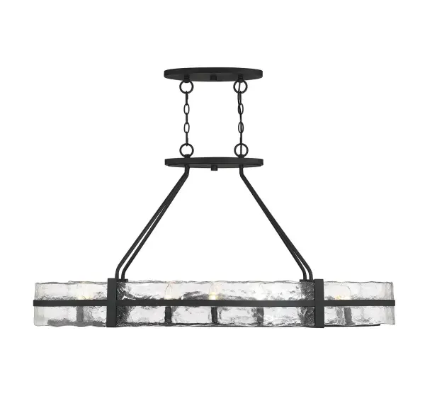 The Hudson chandelier combines farmhouse charm with industrial edge through its unique wide glass band shade and matte black finish. Designer Brian Thomas created a statement piece that works beautifully over dining tables and kitchen islands.