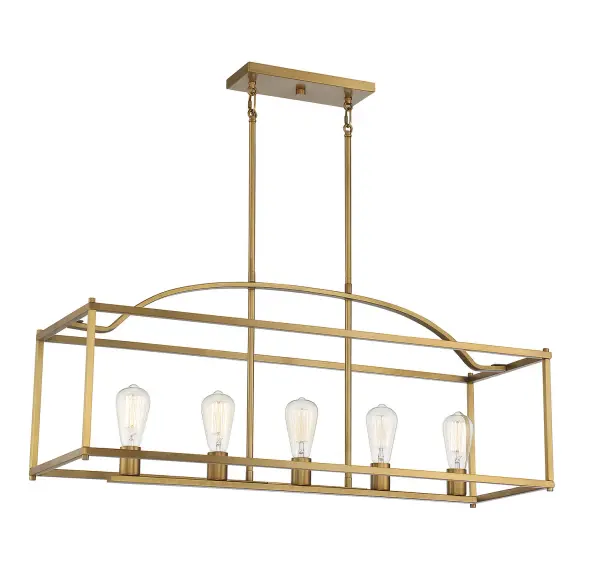 The Palladian linear chandelier combines contemporary styling with transitional warmth through its open cage design and warm brass finish. Its generous 38-inch length provides excellent coverage without visual heaviness.