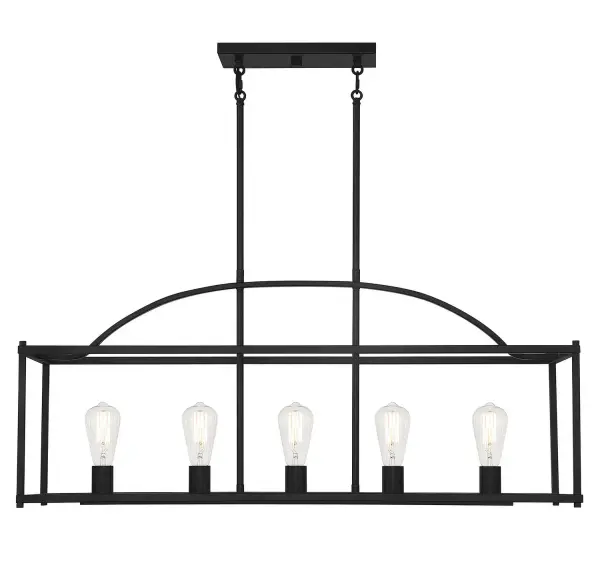 The Palladian linear chandelier delivers modern industrial style with a practical open cage design that provides ample light without visual weight. Its matte black finish and clean lines work across multiple room types.